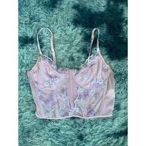 Floral Embroidery Bustier Corset‎ Top Pink Purple Sheer Lingerie Summer Festival